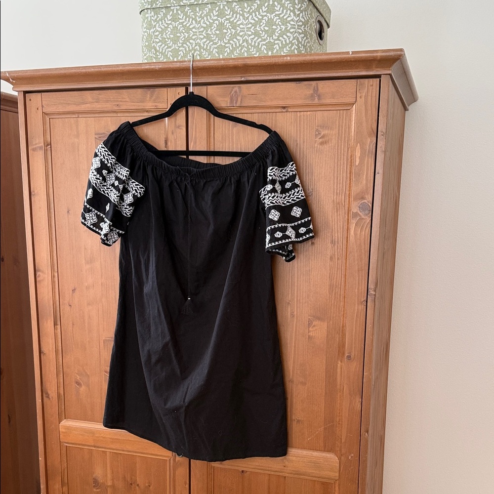 Black Off-Shoulder linen dress with White Embroidery